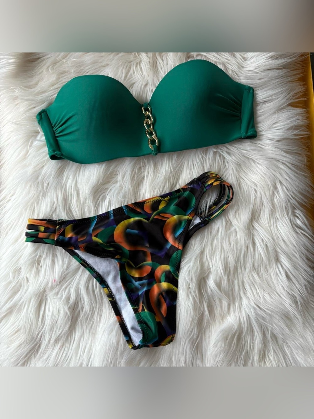 Multi-Color Green Bikini Set, Chain Detail, NWOT, Size M